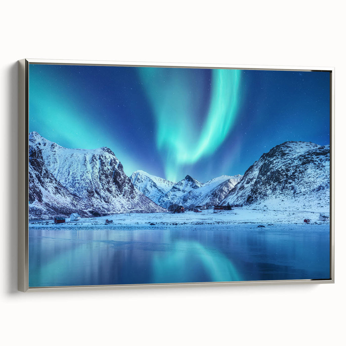 Framed canvas featuring a vintage-style landscape painting of a Norwegian scene.
