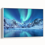 Vintage poster art of a scenic Norway landscape in vibrant colors on a large framed canvas, ideal for living room decor.