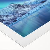 Art deco poster featuring a serene Norwegian landscape in muted blue and green tones on rolled canvas.