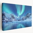 Large stretched canvas depicting a serene Norwegian landscape in muted green and blue tones, ideal for kitchen wall art.