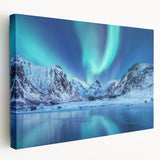 Large stretched canvas depicting a serene Norwegian landscape in muted green and blue tones, ideal for kitchen wall art.