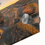 Large abstract wall art featuring a mid-century modernist design of Europe’s scenery in muted colors.