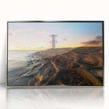 Large art print of a European Polish landscape, in muted greens and blues, framed in silver acrylic.