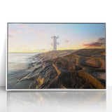 Mid-century modernist art depicting a European cityscape in muted gray and blue tones on a framed acrylic print.