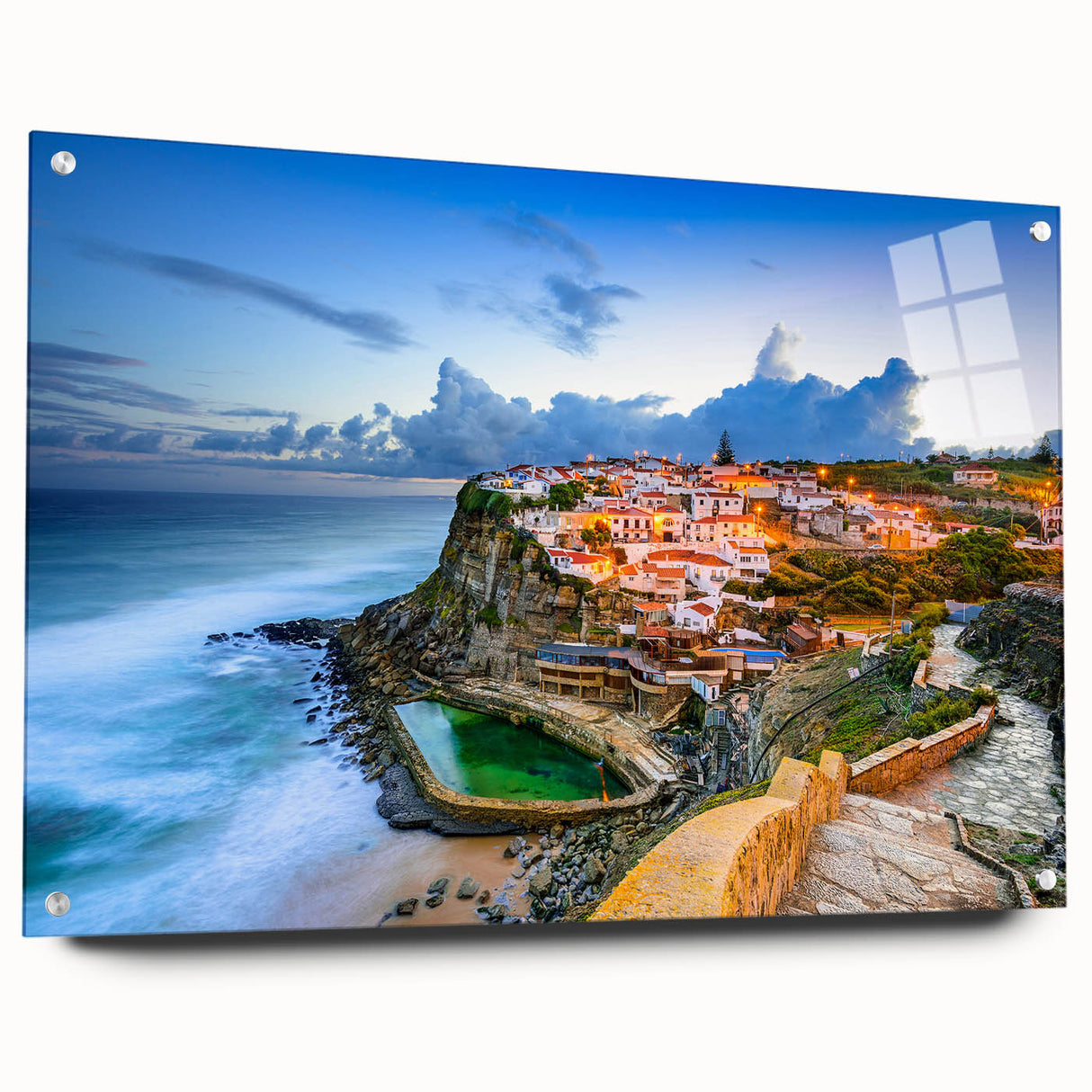 Acrylic print of Lisbon scenery with vibrant blue and white tones, ideal for dining room decor.