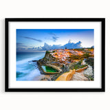 Colorful abstract art print of Lisbon scenery on textured canvas, framed in black, ideal for living room decor.