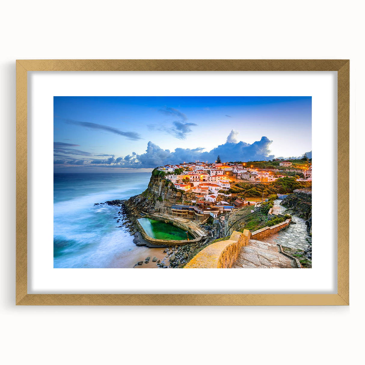 Abstract art print of Lisbon scenery in muted gold and blue tones on a framed canvas, suitable for dining room decor.