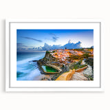 Textured abstract art print of Lisbon scenery in muted earth tones on a framed canvas, ideal for bedroom art.