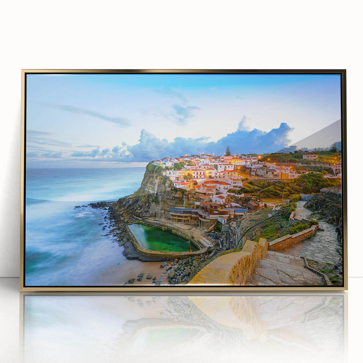 Framed acrylic print of Lisbon scenery featuring art deco style in muted gold and blue tones.