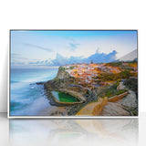 Mid-century modernist art of Lisbon scenery in muted blue and white tones, acrylic print, ideal for nursery wall decor.