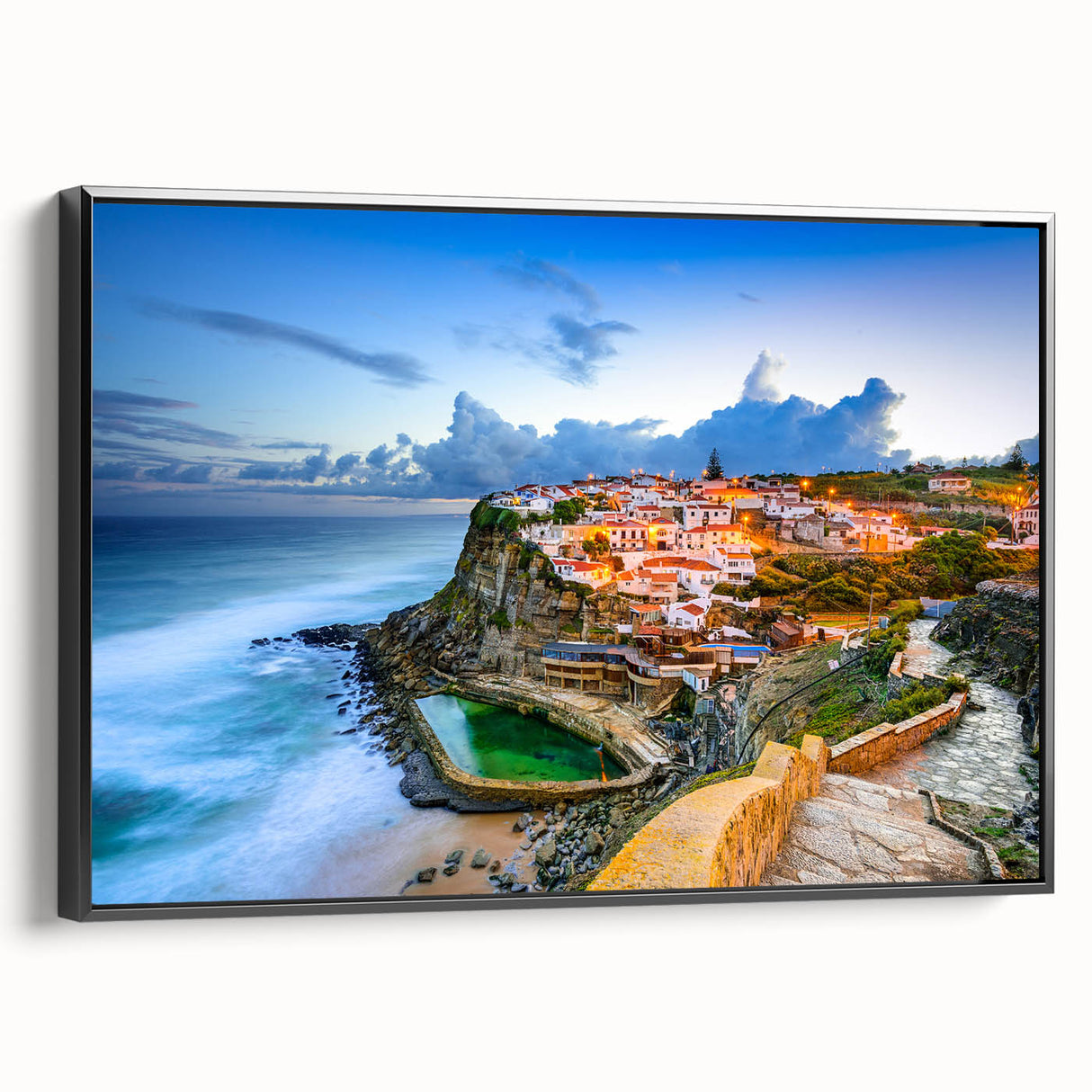 Black and white framed canvas of Lisbon landscape, ideal for bedroom wall art with vintage poster style.