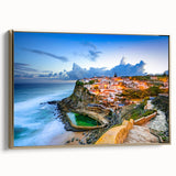 Framed canvas of a vintage-style Lisbon landscape in muted gold and black tones, ideal for bedroom wall art.