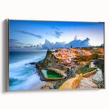 Framed canvas of Lisbon landscape art painting in vintage poster style, featuring vibrant colors on black background.