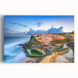 Black and white large art print of Lisbon's cityscape on stretched canvas, ideal for kitchen wall art or bedroom decor.