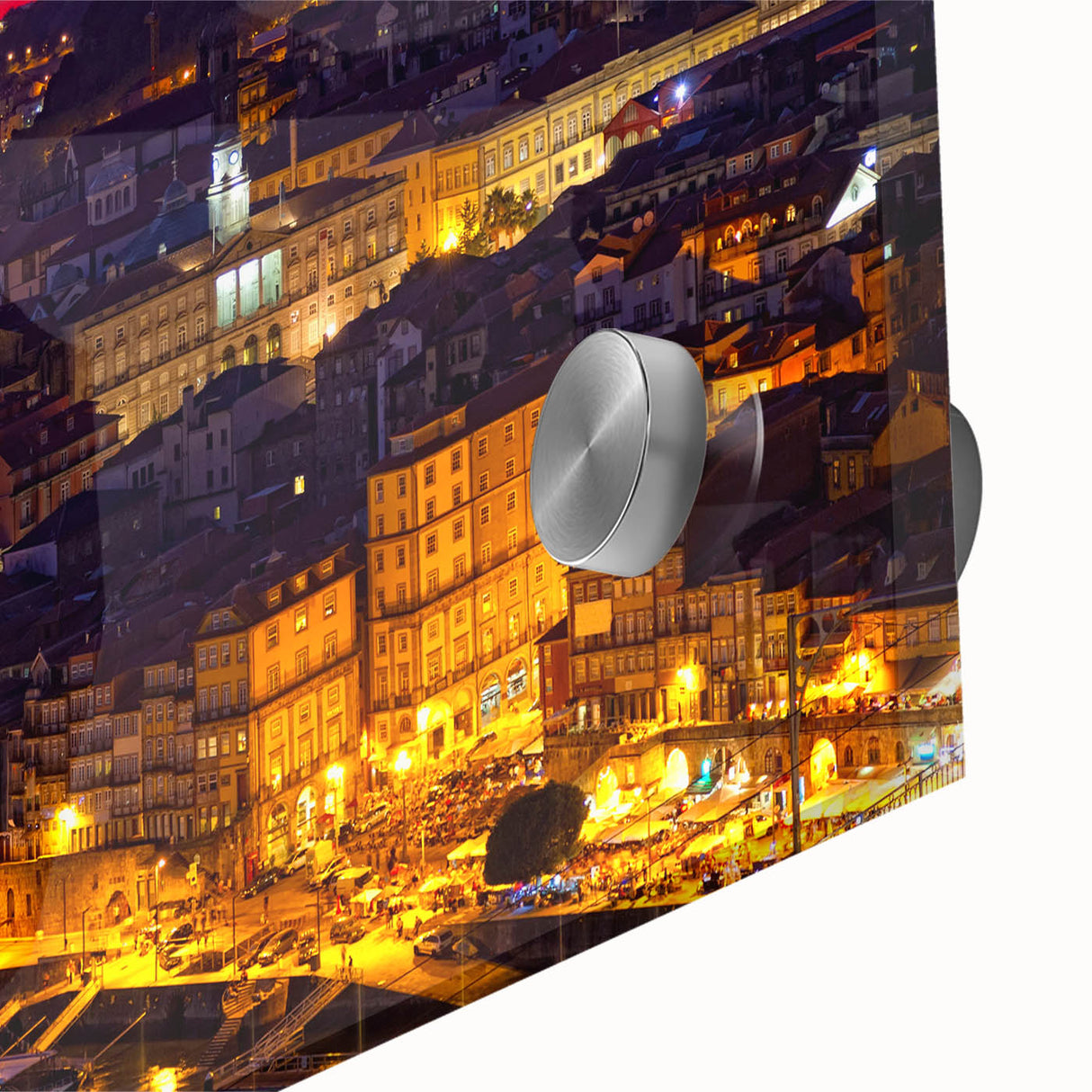 Large abstract wall art of Porto's scenery in vibrant colors on acrylic glass, ideal for dining room ambiance.