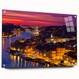 Acrylic glass print of Porto, Portugal, featuring vibrant colors and a panoramic view, ideal for dining room decor.