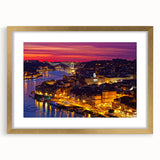 Abstract art print of Porto, Portugal, in muted blue and gold tones on a framed canvas, suitable for dining room decor.