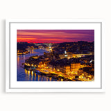 Textured abstract art print of Porto, Portugal in muted earth tones on a framed white mat, suitable for bedroom decor.
