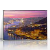 Framed acrylic print of Porto, Portugal with vibrant twilight hues, ideal for modern art wall decor.
