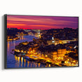 Black and white vintage poster art of Porto landscape on framed canvas, suitable for bedroom decor.