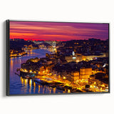 Black and white vintage poster art of Porto landscape on framed canvas, suitable for bedroom decor.