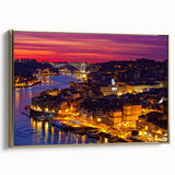 Framed canvas of a vintage-style Porto landscape in muted gold and black tones, ideal for bedroom wall art.