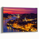 Framed canvas of a vintage-style Porto landscape painting with colorful buildings and a black sky.