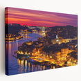 Porto, Portugal cityscape on large stretched canvas, featuring vibrant blue and white tones, suitable for kitchen wall art.