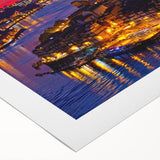 Art deco poster of Porto, Portugal in muted blue and white tones on rolled canvas, suitable for dining room decor.