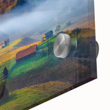 Large abstract wall art of a Romanian landscape in muted earth tones on acrylic glass, suitable for dining room ambiance.