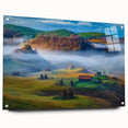 Acrylic print of a European landscape with muted earth tones, ideal for dining room decor.