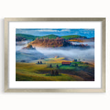 Extra large abstract art print of a textured European scenery in silver frame, ideal for living room decor.