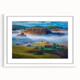 Textured abstract art print of a European scenery in Romania, with muted earth tones on a framed white mat.