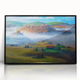 Large abstract wall art depicting a stylized Romanian landscape in muted earth tones, framed in black acrylic.