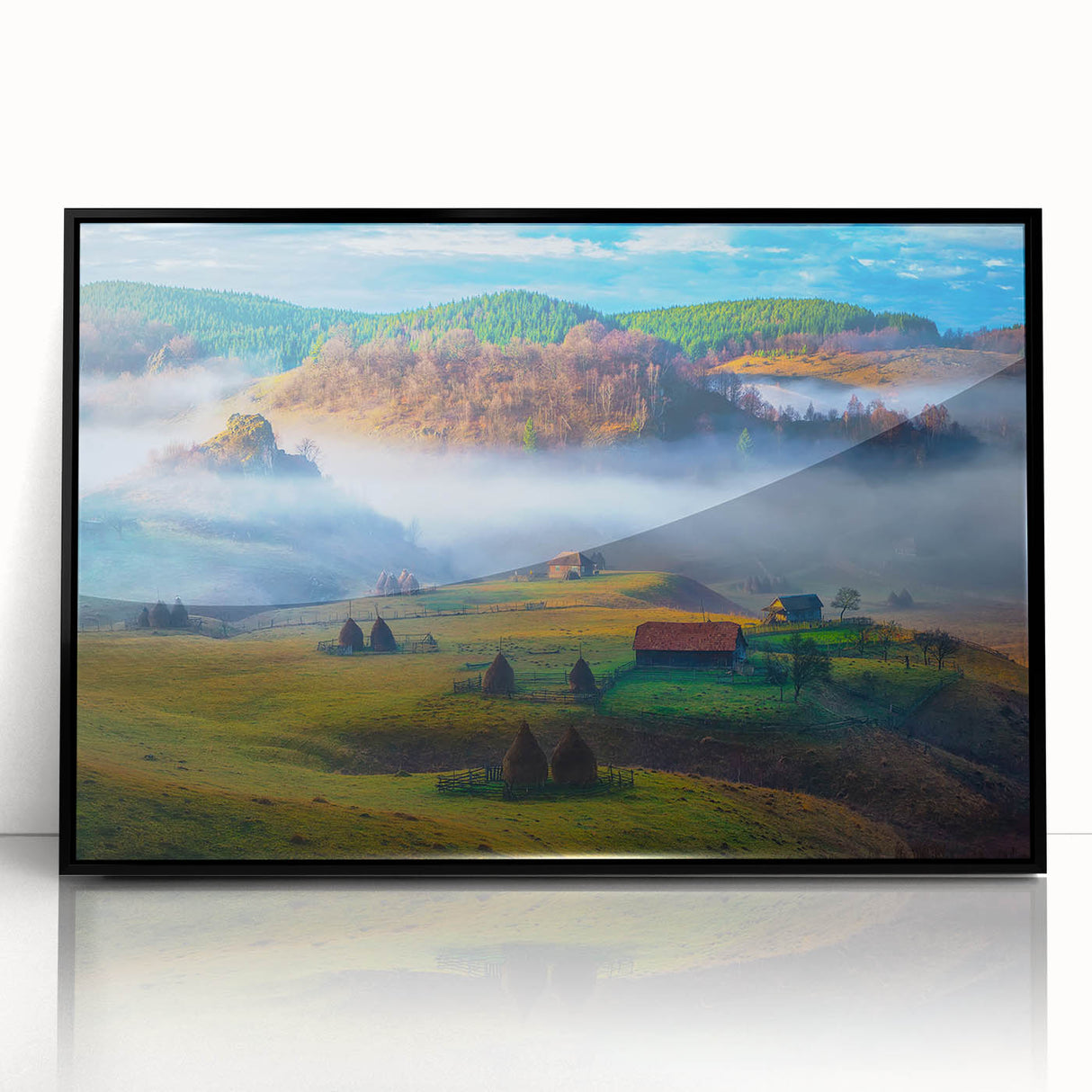 Large abstract wall art depicting a stylized Romanian landscape in muted earth tones, framed in black acrylic.