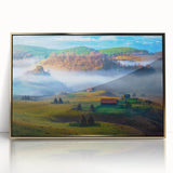 Art deco poster of a Romanian landscape in muted gold and green tones, framed acrylic, ideal for modern art wall decor.