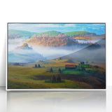 Mid-century modernist art depicting a scenic European landscape in Romania, with muted earth tones on a framed acrylic.