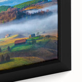 Extra large framed canvas featuring a textured, colorful Romanian landscape in black, ideal for living room decor.