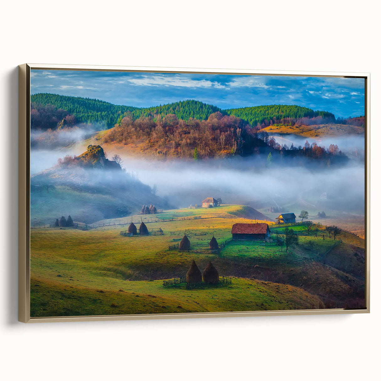 Framed canvas depicting a vintage-style Romanian landscape in muted gold and black tones, ideal for bedroom wall art.