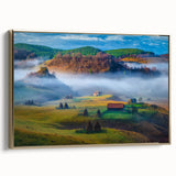 Framed canvas depicting a vintage-style Romanian landscape in muted gold and black tones, ideal for bedroom wall art.