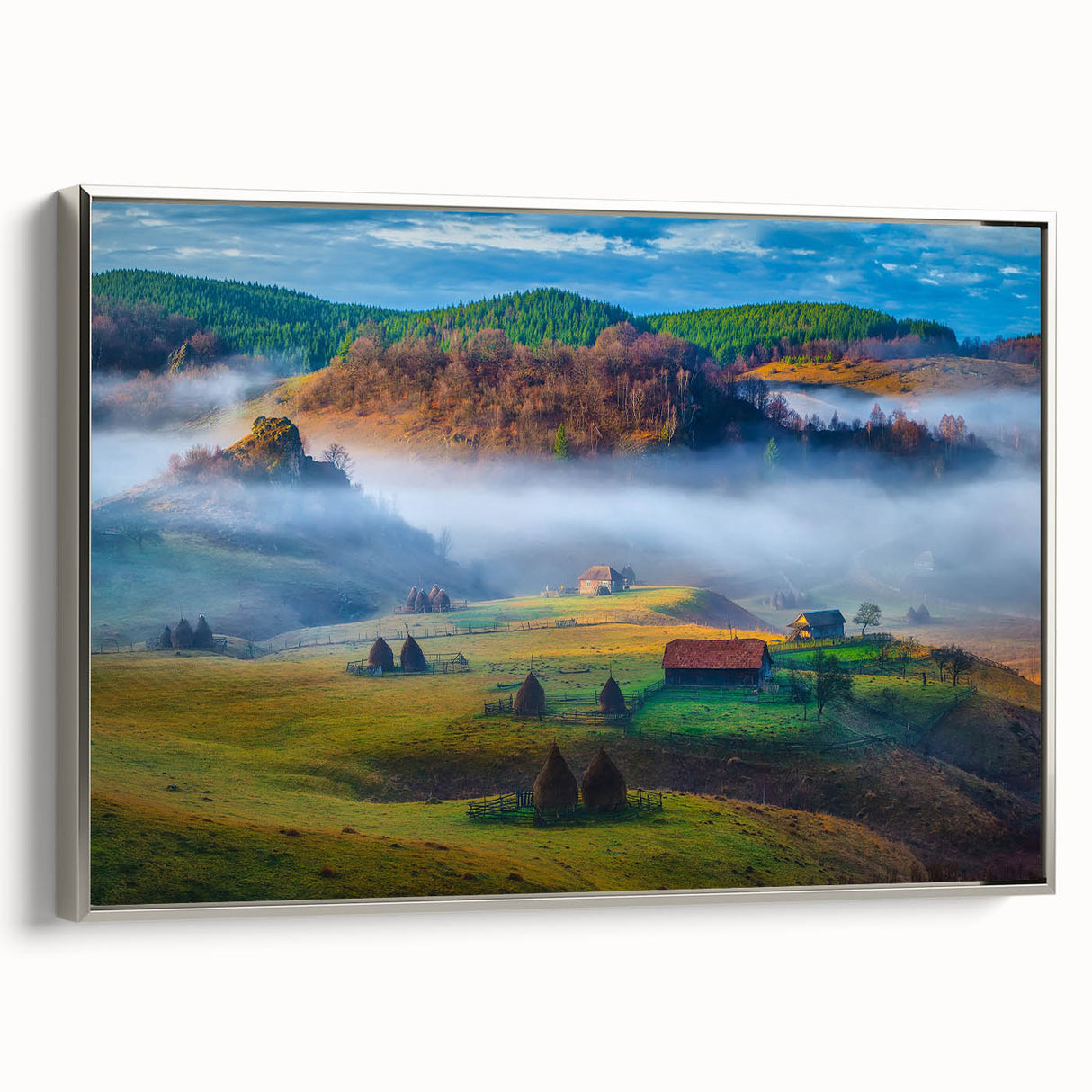 Framed canvas featuring a vintage-style landscape painting of a Romanian scenery in colorful hues.