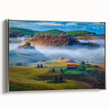 Framed canvas featuring a vintage-style landscape painting of a Romanian scenery in colorful hues.