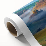 Art deco poster depicting a serene Romanian landscape on rolled canvas, with soft green and blue hues.