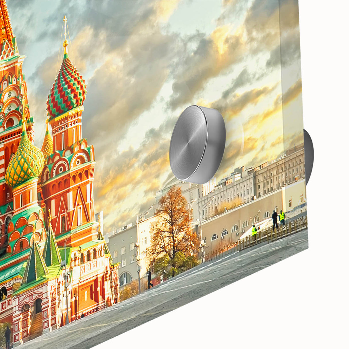 Large abstract depiction of Moscow skyline in muted gray and blue tones on acrylic glass, suitable for dining room art.