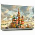 Acrylic print of Moscow skyline in muted gray and blue tones, ideal for dining room decor.
