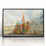 Large abstract wall art of Moscow skyline in muted grays and blacks on acrylic, framed in black.