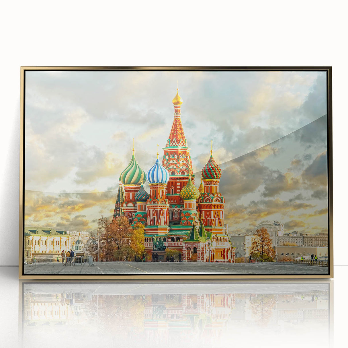 Mid-century modernist art depicting the Moscow skyline in gold tones on a framed acrylic panel.