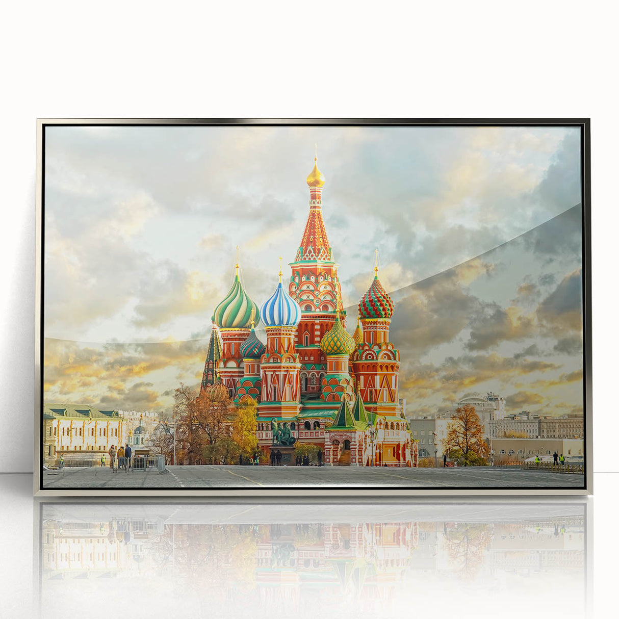 Framed acrylic print of Moscow skyline in art deco style, featuring silver and gray tones.