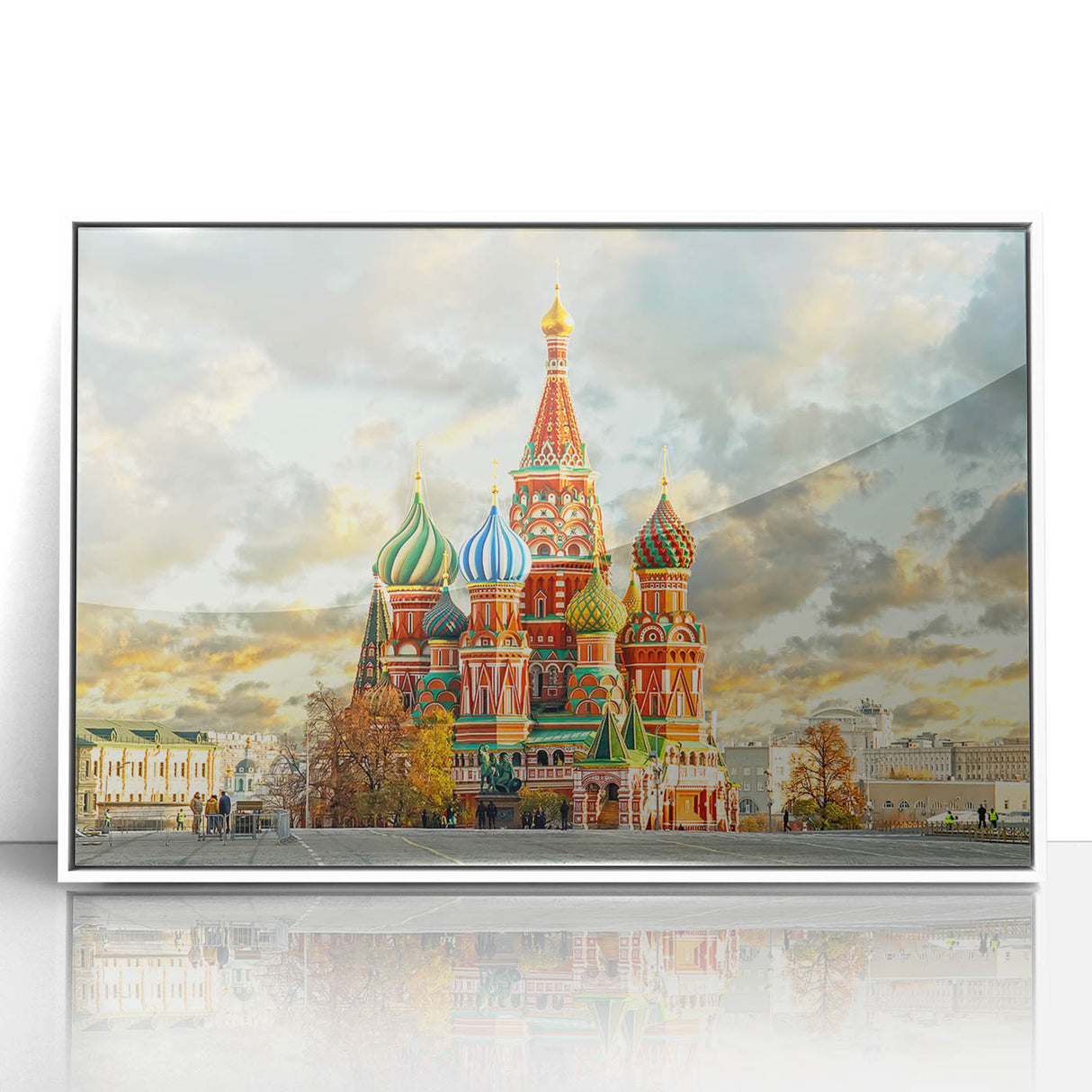 Large art print of Moscow skyline in muted grayscale on acrylic, styled in mid-century modernist, suitable for modern decor.