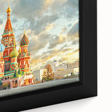 Black wall art featuring a textured depiction of Moscow's skyline in vibrant colors on a large framed canvas.